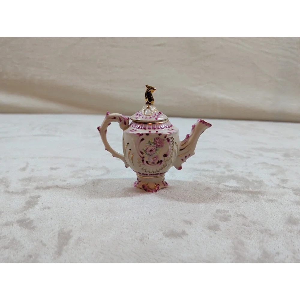Vintage Style Miniature Porcelain Teapot Pink Floral Gold‎ Gilt Decorative Mini